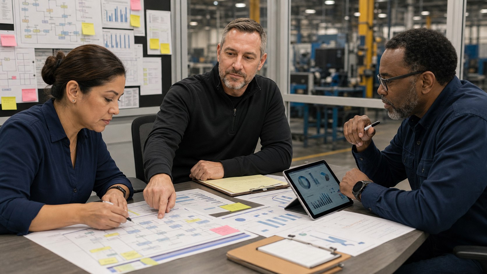 Consultant reviewing process maps and operational data with manufacturing leaders on the factory floor