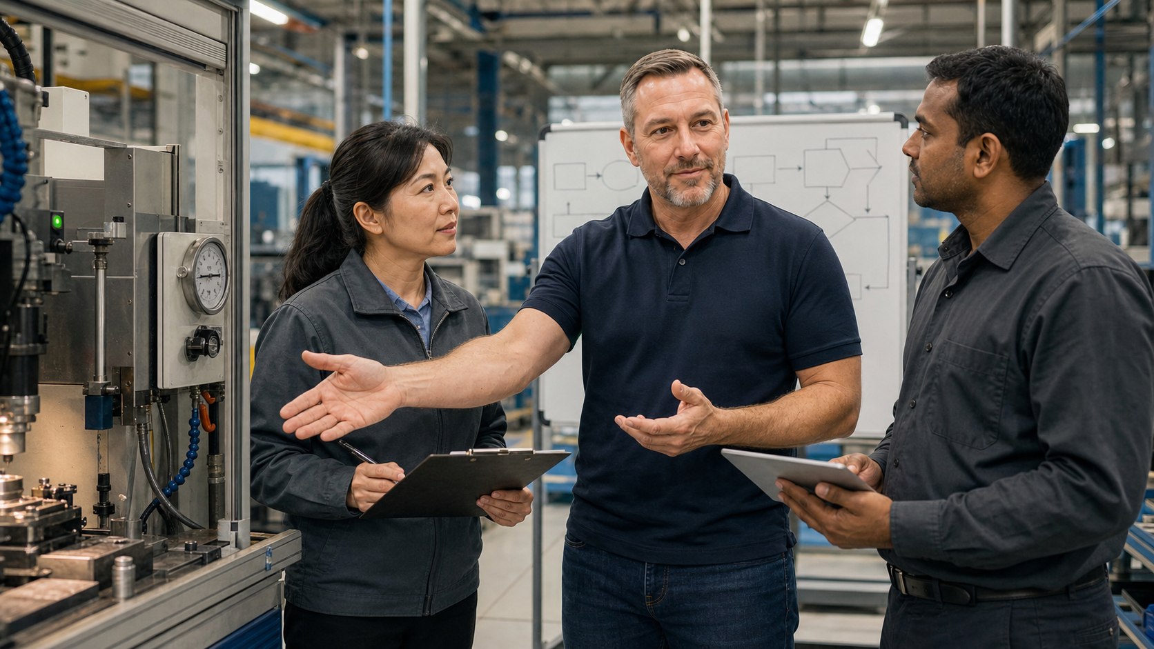 Manufacturing team reviewing a workflow diagram at a machine on the factory floor