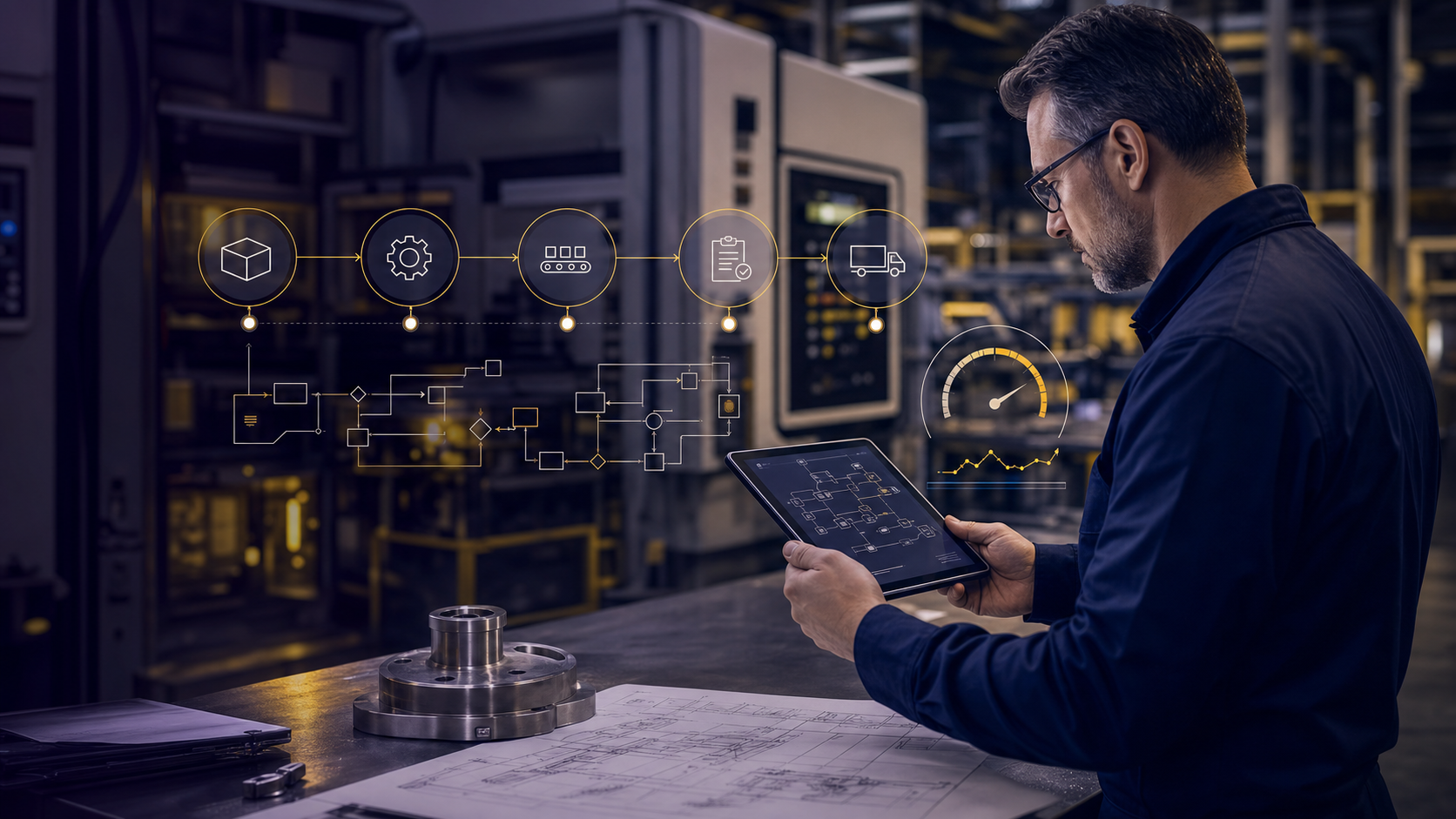 Manufacturing operations manager reviewing a controlled process workflow
